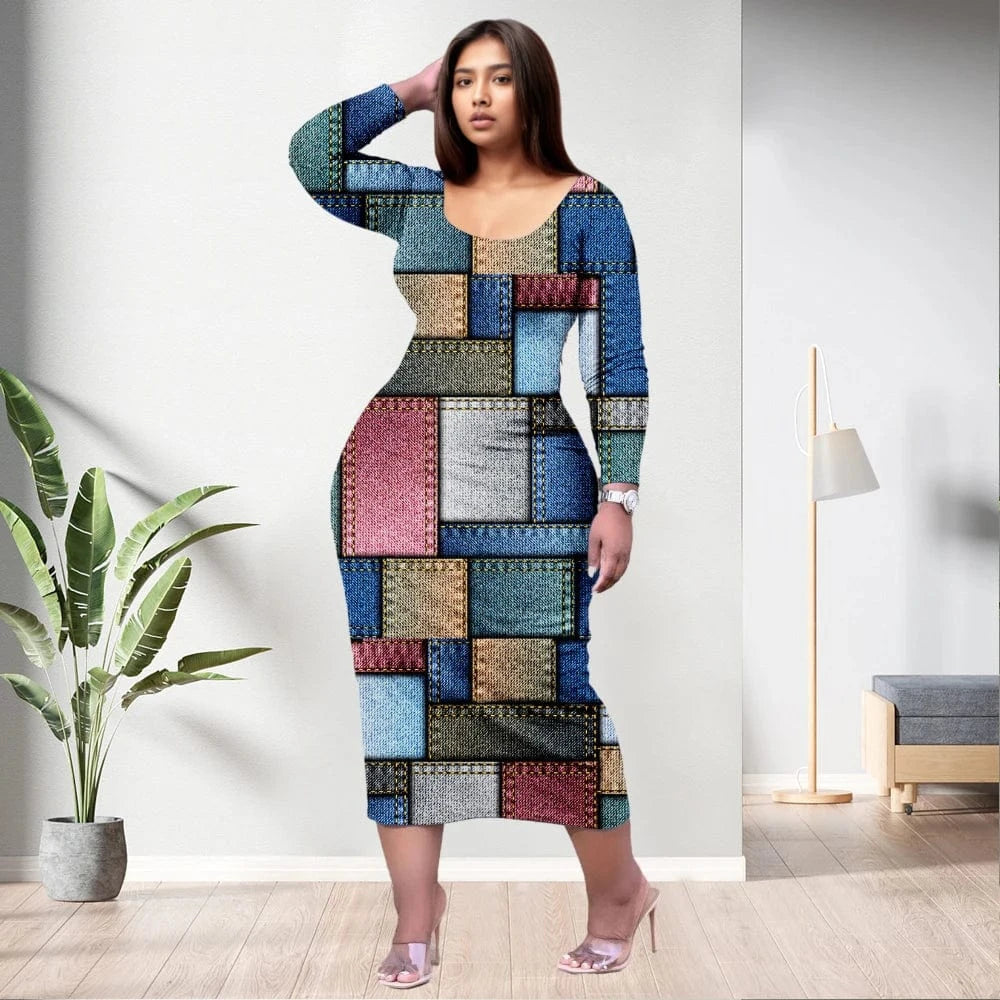 D1202ME12 2023 New Design Digital Printing Fashion Midi Long Sleeved Dress Sehe Fashion