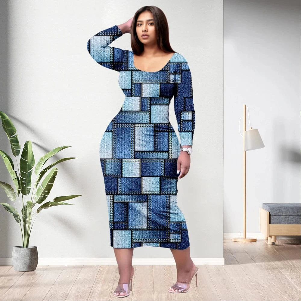 D1202ME12 2023 New Design Digital Printing Fashion Midi Long Sleeved Dress Sehe Fashion