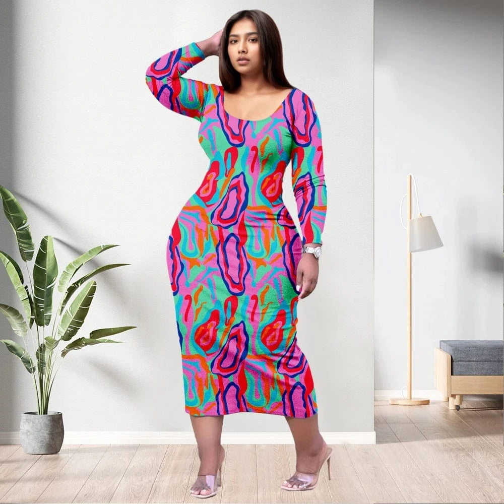 D1202ME12 2023 New Design Digital Printing Fashion Midi Long Sleeved Dress Sehe Fashion