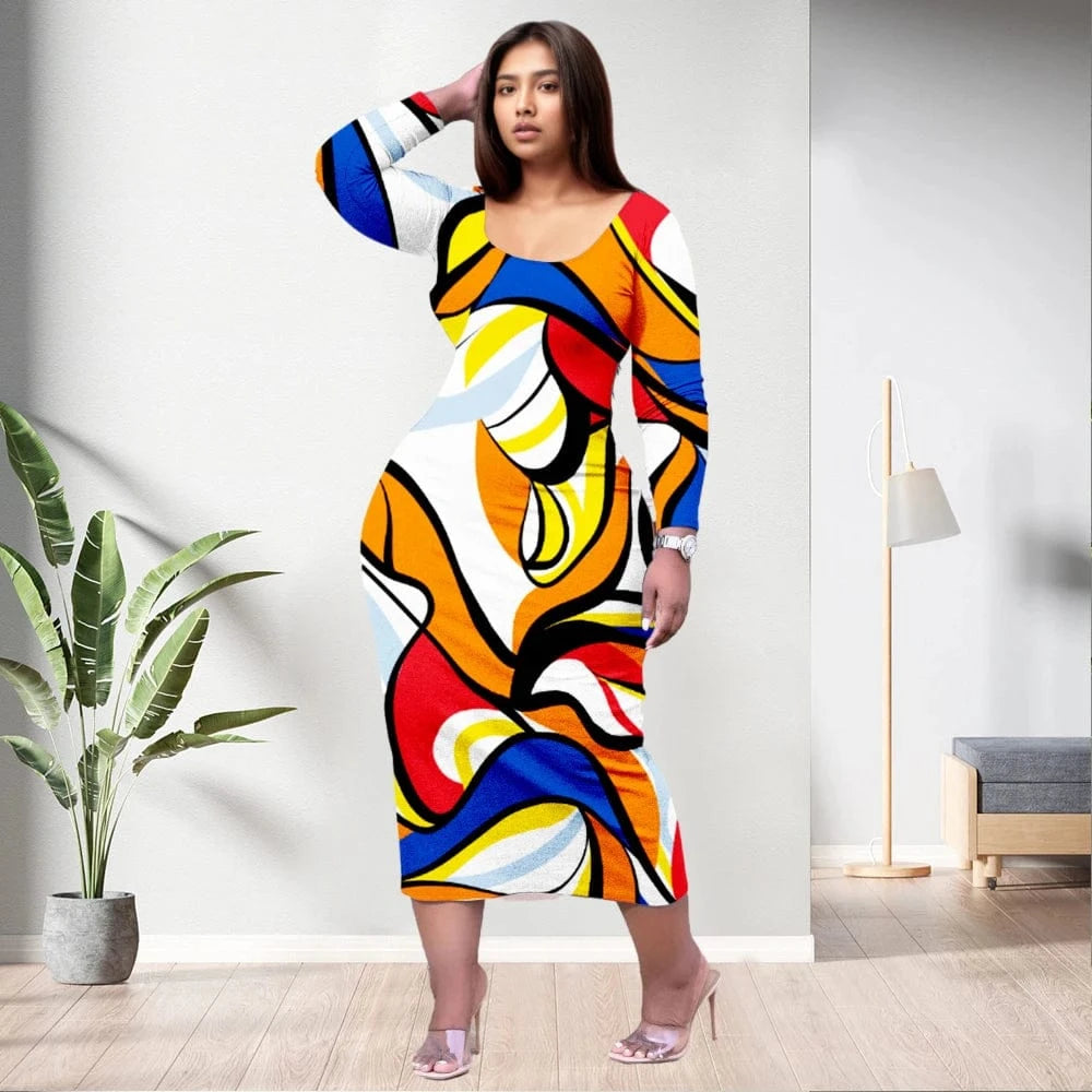D1202ME12 2023 New Design Digital Printing Fashion Midi Long Sleeved Dress Sehe Fashion