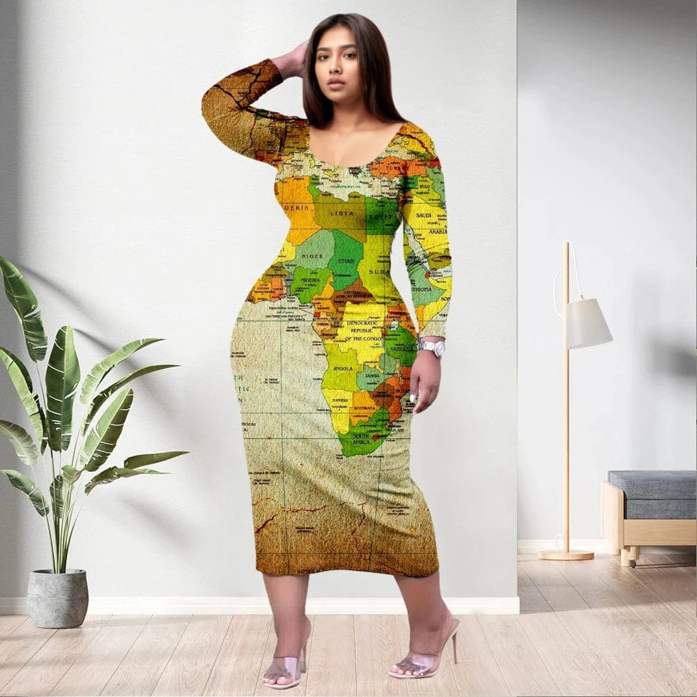 D1202ME12 2023 New Design Digital Printing Fashion Midi Long Sleeved Dress Sehe Fashion