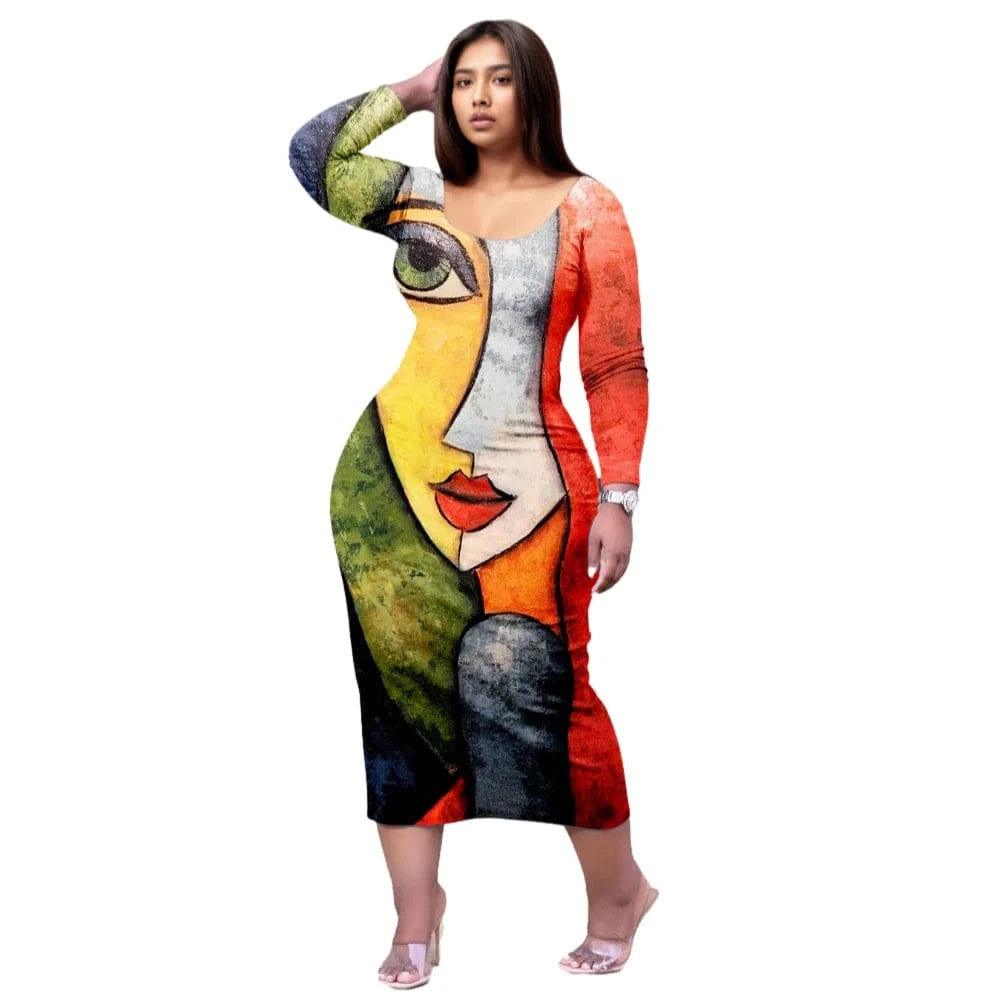 D1202ME12 2023 New Design Digital Printing Fashion Midi Long Sleeved Dress Sehe Fashion