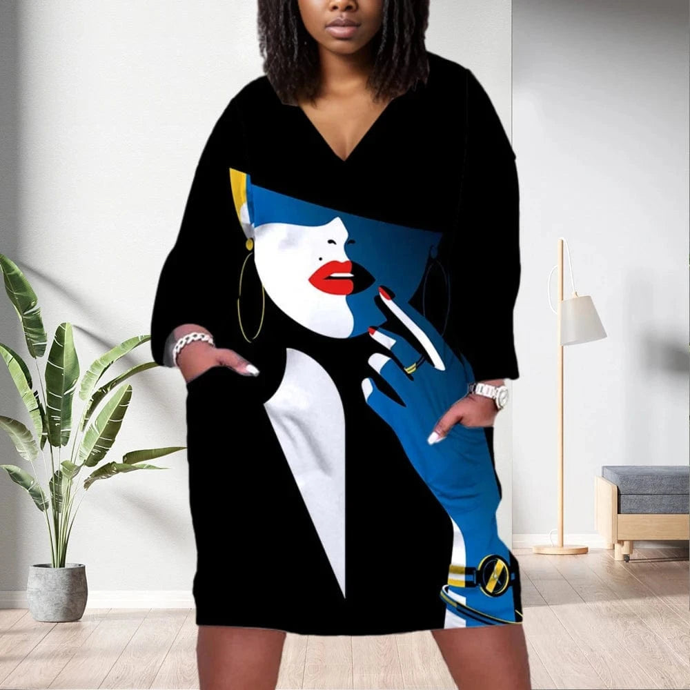 D1202ME14 2023 New Design Digital Printing Avatar Commuter Midi V Neck Long Sleeved Dress Sehe Fashion
