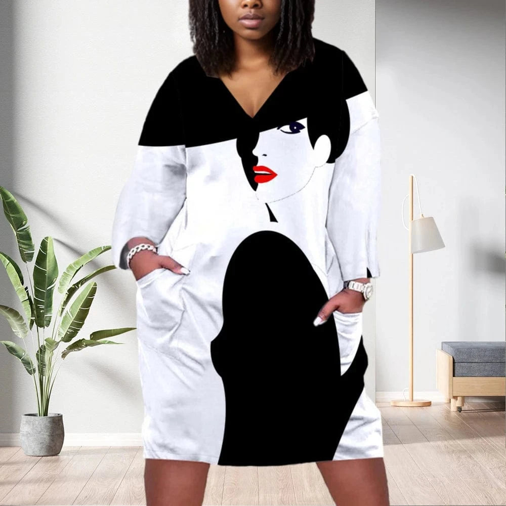 D1202ME14 2023 New Design Digital Printing Avatar Commuter Midi V Neck Long Sleeved Dress Sehe Fashion