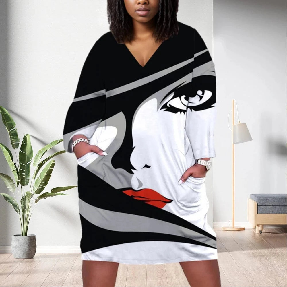 D1202ME14 2023 New Design Digital Printing Avatar Commuter Midi V Neck Long Sleeved Dress Sehe Fashion