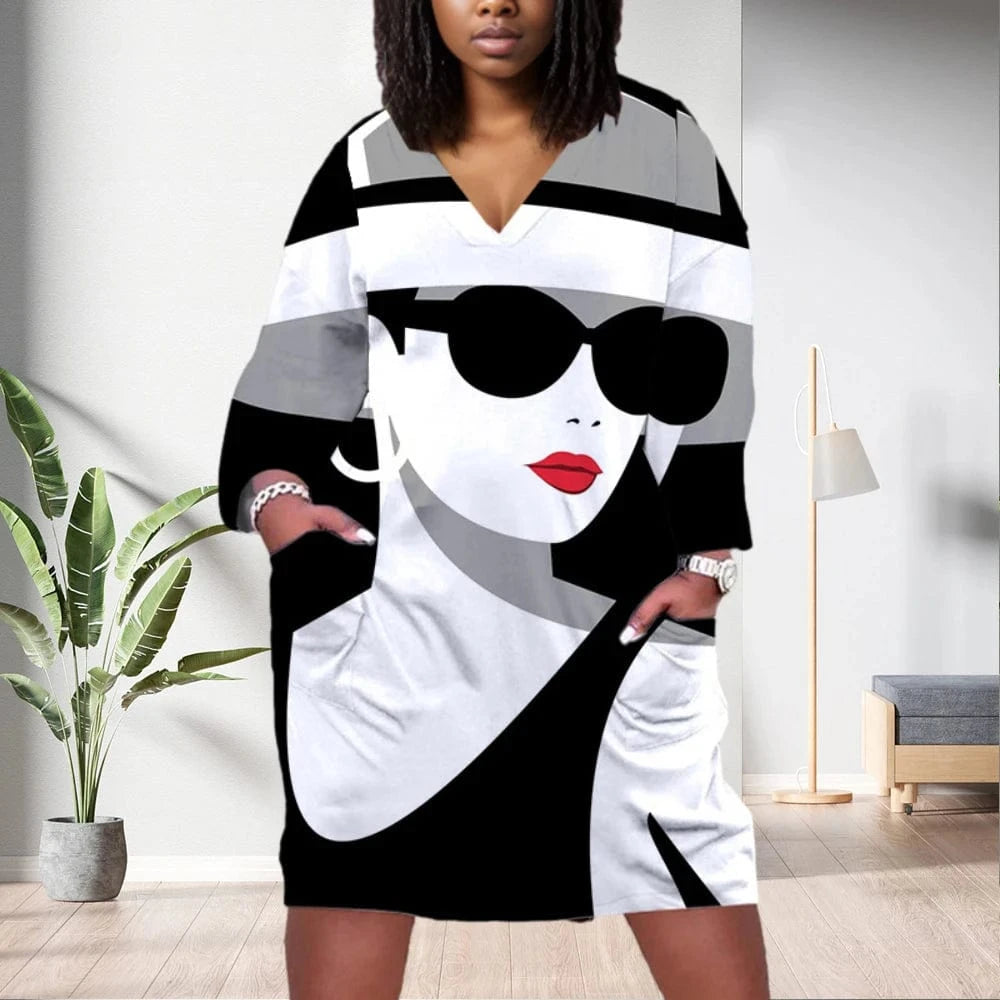 D1202ME14 2023 New Design Digital Printing Avatar Commuter Midi V Neck Long Sleeved Dress Sehe Fashion