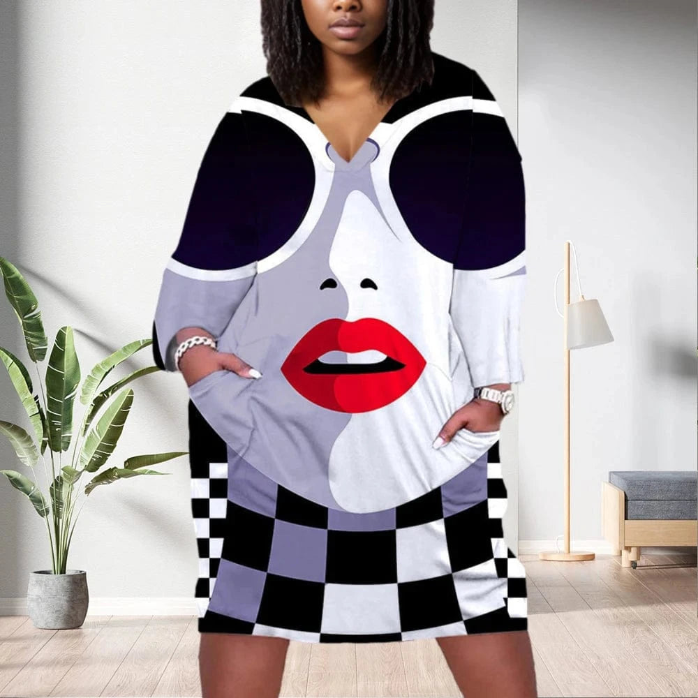 D1202ME14 2023 New Design Digital Printing Avatar Commuter Midi V Neck Long Sleeved Dress Sehe Fashion