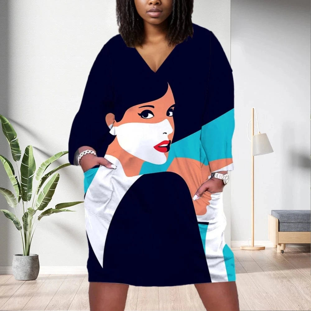D1202ME14 2023 New Design Digital Printing Avatar Commuter Midi V Neck Long Sleeved Dress Sehe Fashion
