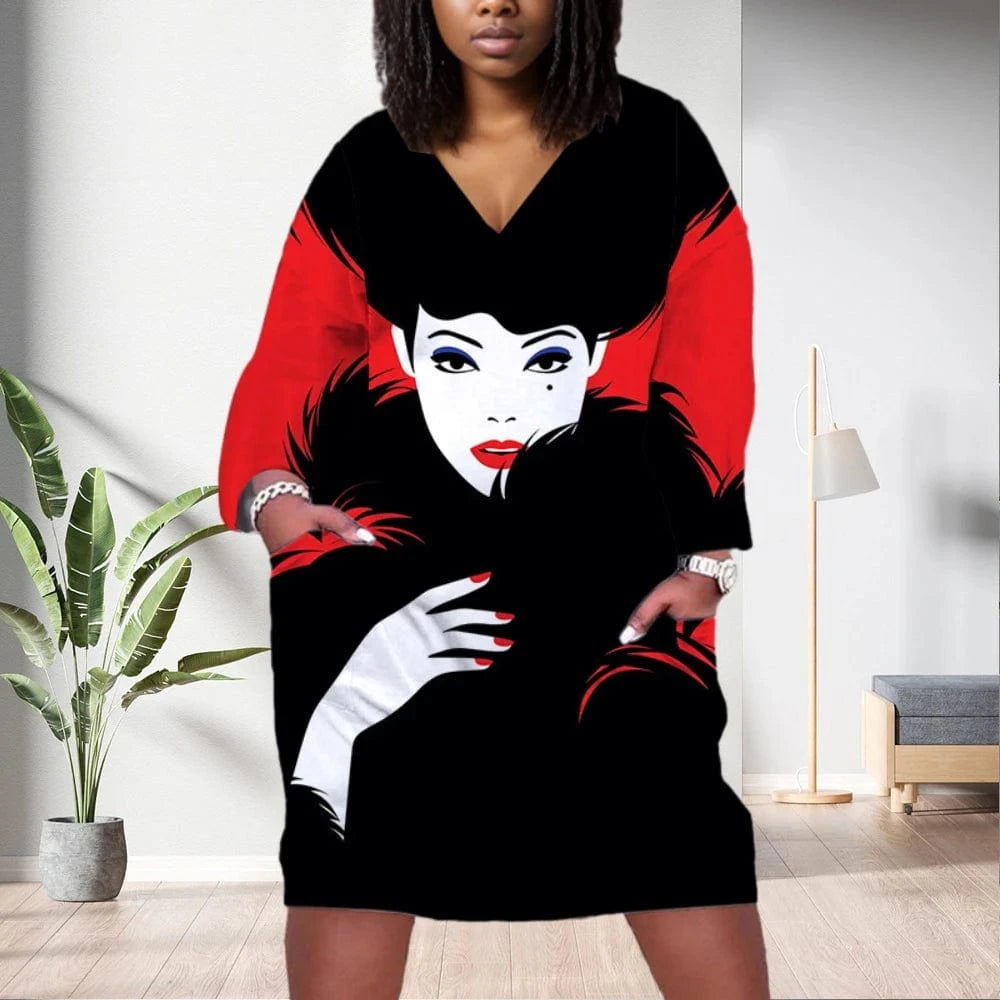 D1202ME14 2023 New Design Digital Printing Avatar Commuter Midi V Neck Long Sleeved Dress Sehe Fashion