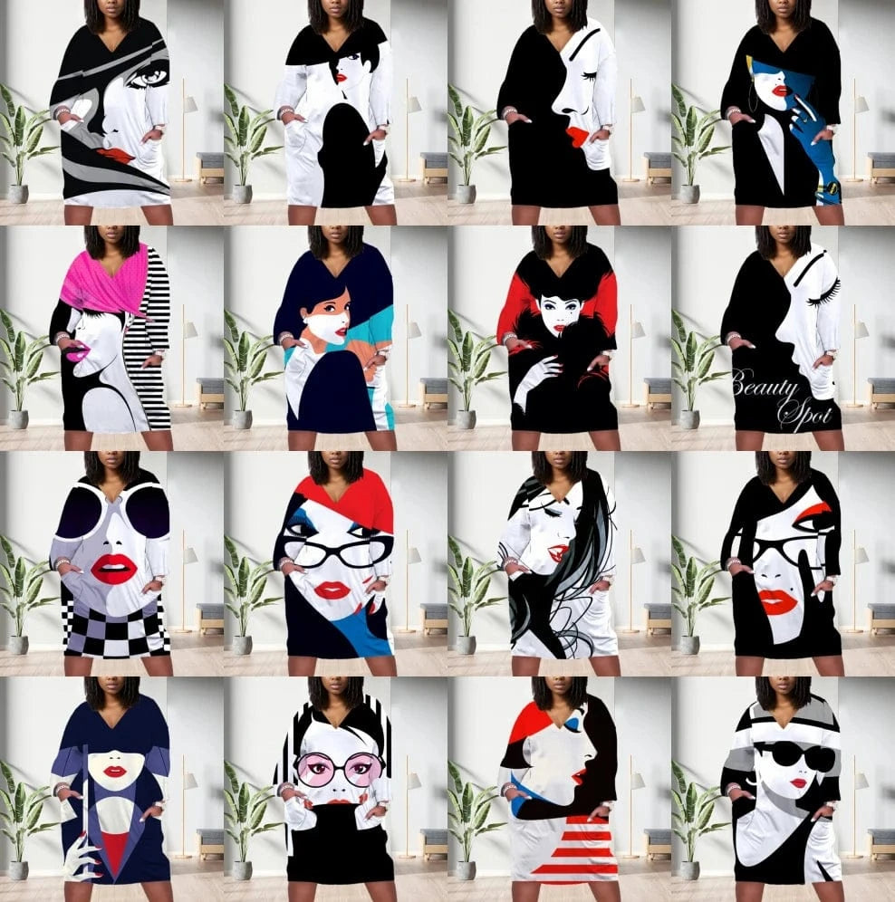 D1202ME14 2023 New Design Digital Printing Avatar Commuter Midi V Neck Long Sleeved Dress Sehe Fashion