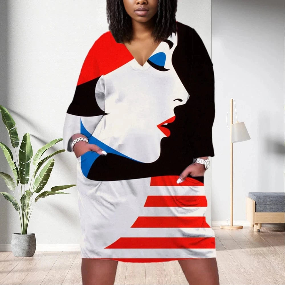 D1202ME14 2023 New Design Digital Printing Avatar Commuter Midi V Neck Long Sleeved Dress Sehe Fashion