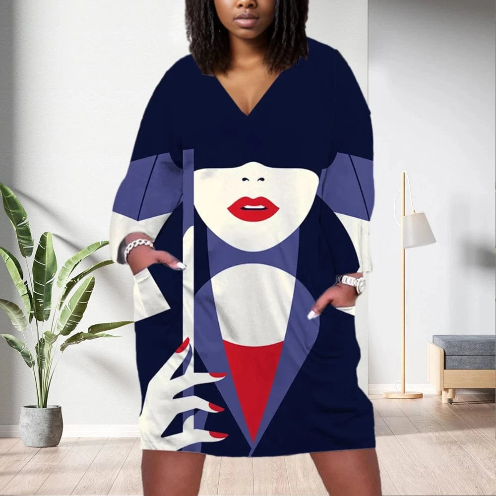 D1202ME14 2023 New Design Digital Printing Avatar Commuter Midi V Neck Long Sleeved Dress Sehe Fashion