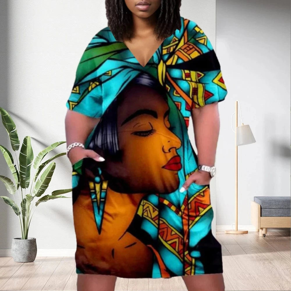 D1202ME16 2023 New Design Digital Printing Avatar Commuter Midi V Neck Long Sleeved Dress Sehe Fashion