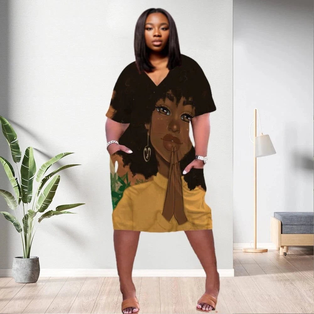 D1202ME16 2023 New Design Digital Printing Avatar Commuter Midi V Neck Long Sleeved Dress Sehe Fashion