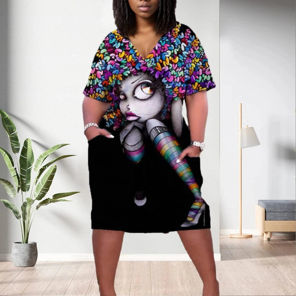D1202ME16 2023 New Design Digital Printing Avatar Commuter Midi V Neck Long Sleeved Dress Sehe Fashion