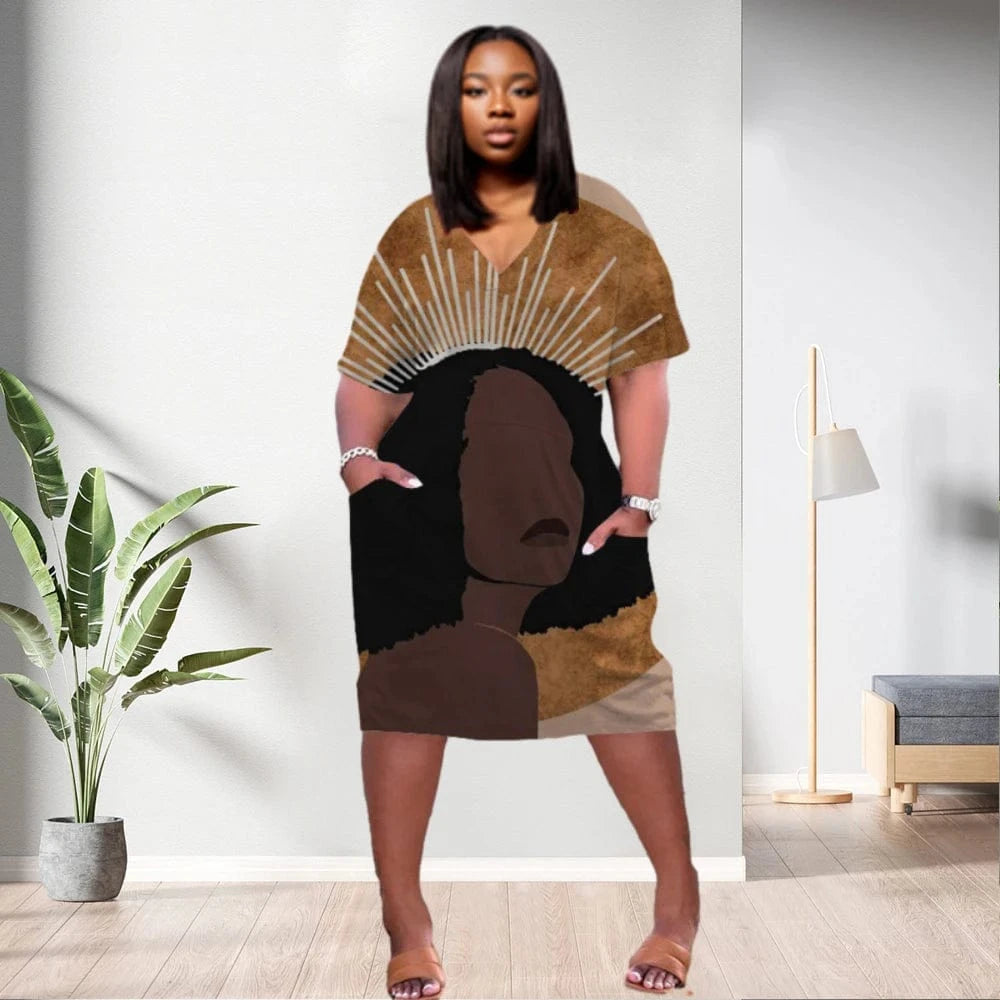 D1202ME16 2023 New Design Digital Printing Avatar Commuter Midi V Neck Long Sleeved Dress Sehe Fashion