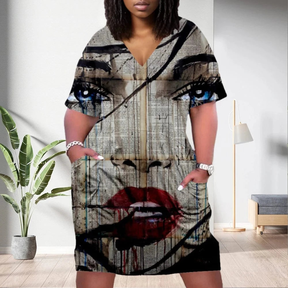 D1202ME16 2023 New Design Digital Printing Avatar Commuter Midi V Neck Long Sleeved Dress Sehe Fashion