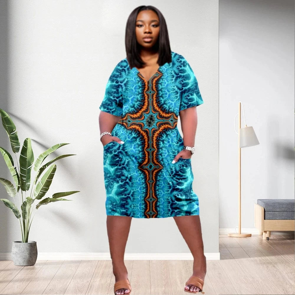D1202ME17 2023 New Design Digital Printing Avatar Commuter Midi V Neck Long Sleeved Dress Sehe Fashion