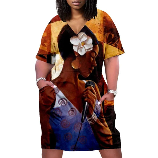 D1202ME17 2023 New Design Digital Printing Avatar Commuter Midi V Neck Long Sleeved Dress Sehe Fashion