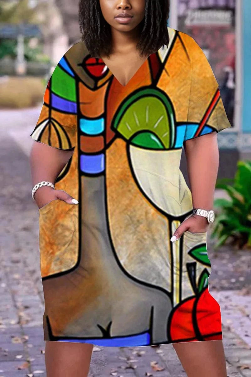 D1202ME18 2023 New Design Digital Printing Avatar Commuter Midi V Neck Long Sleeve Dress Sehe Fashion