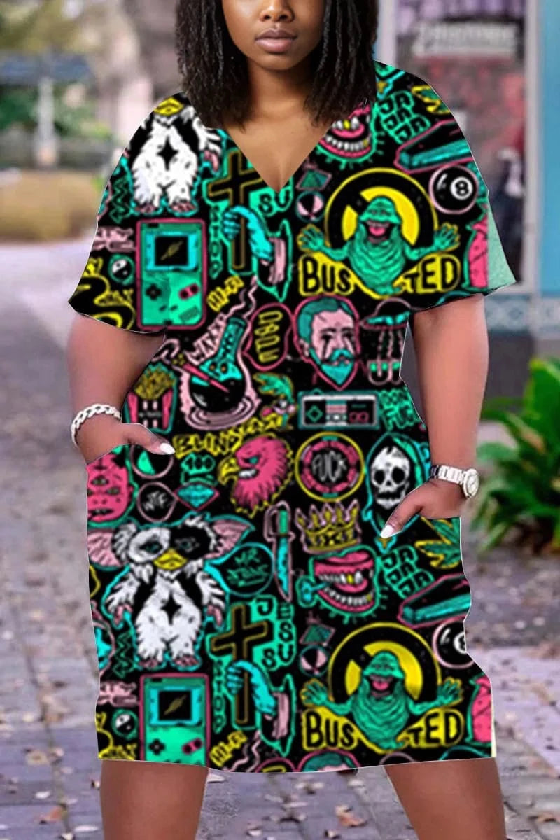 D1202ME18 2023 New Design Digital Printing Avatar Commuter Midi V Neck Long Sleeve Dress Sehe Fashion