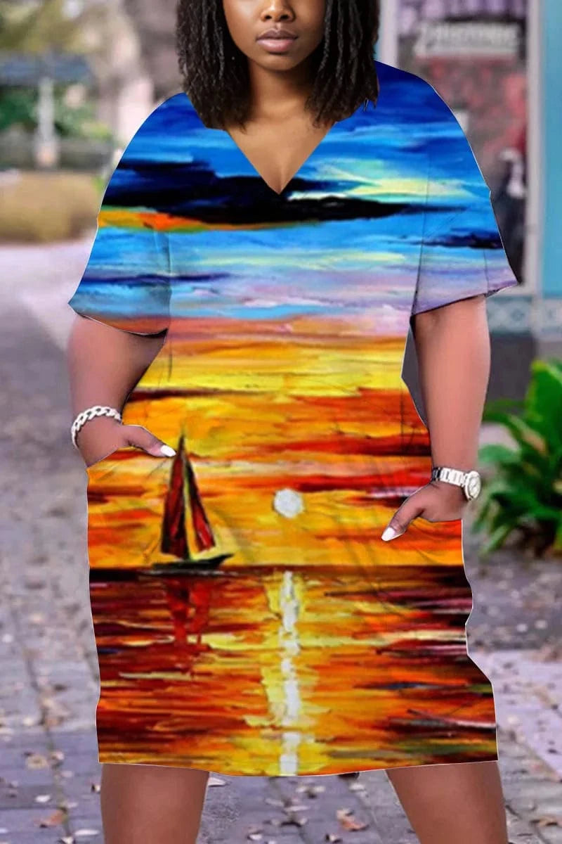 D1202ME18 2023 New Design Digital Printing Avatar Commuter Midi V Neck Long Sleeve Dress Sehe Fashion