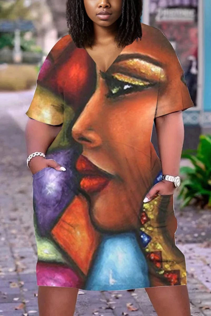 D1202ME18 2023 New Design Digital Printing Avatar Commuter Midi V Neck Long Sleeve Dress Sehe Fashion