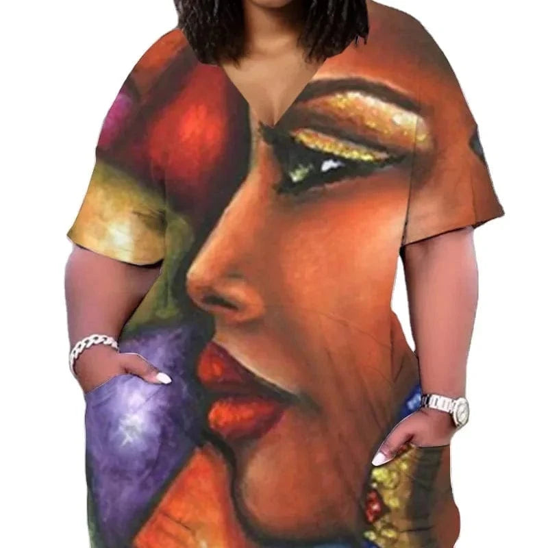 D1202ME18 2023 New Design Digital Printing Avatar Commuter Midi V Neck Long Sleeve Dress Sehe Fashion