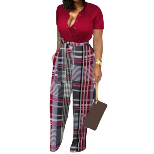D1202ST29 On Sale Short Sleeve With Belt Plaid Elegant One Piece Jumpsuit For Women Sehe Fashion