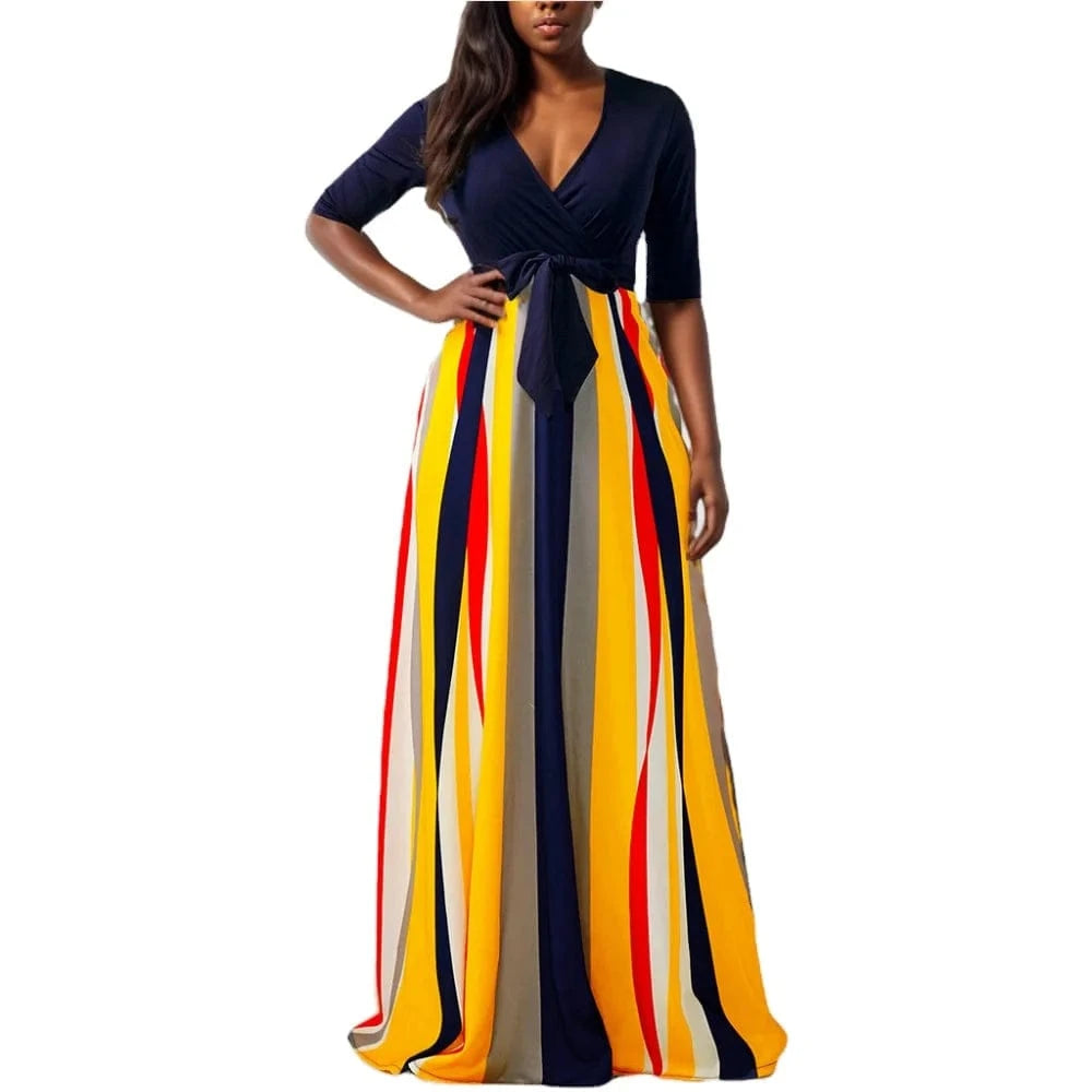 D1202ST30 New Trend Stripe Print Wrap Long Midi Dress Sehe Fashion