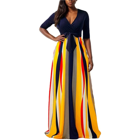 D1202ST30 New Trend Stripe Print Wrap Long Midi Dress Sehe Fashion