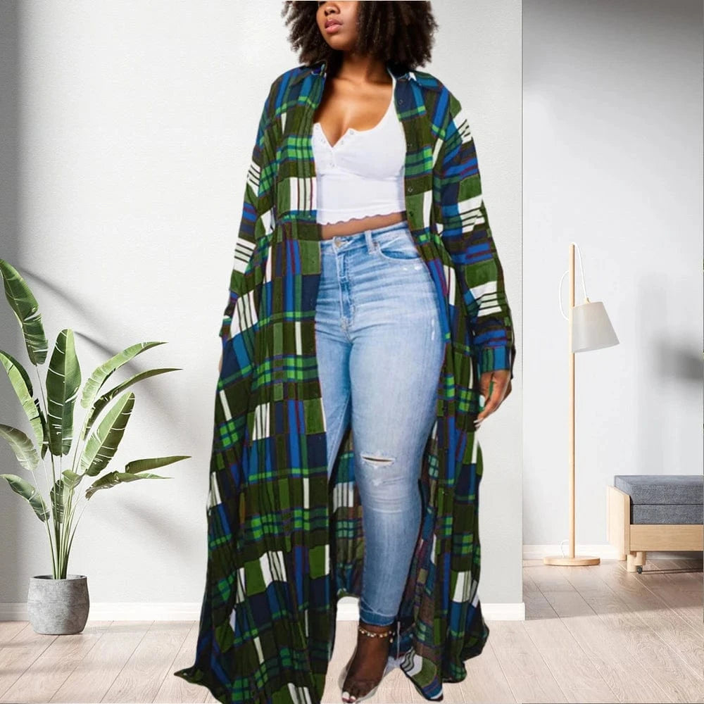 D1202ST31 Selling Plaid Print Turn Down Collar Winter Maxi Style Girls Women Long Coat Sehe Fashion