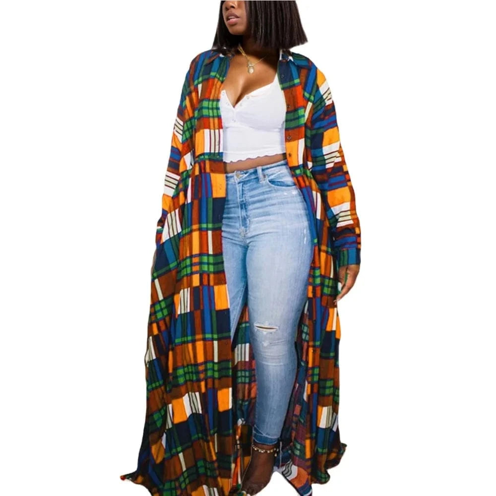 D1202ST31 Selling Plaid Print Turn Down Collar Winter Maxi Style Girls Women Long Coat Sehe Fashion