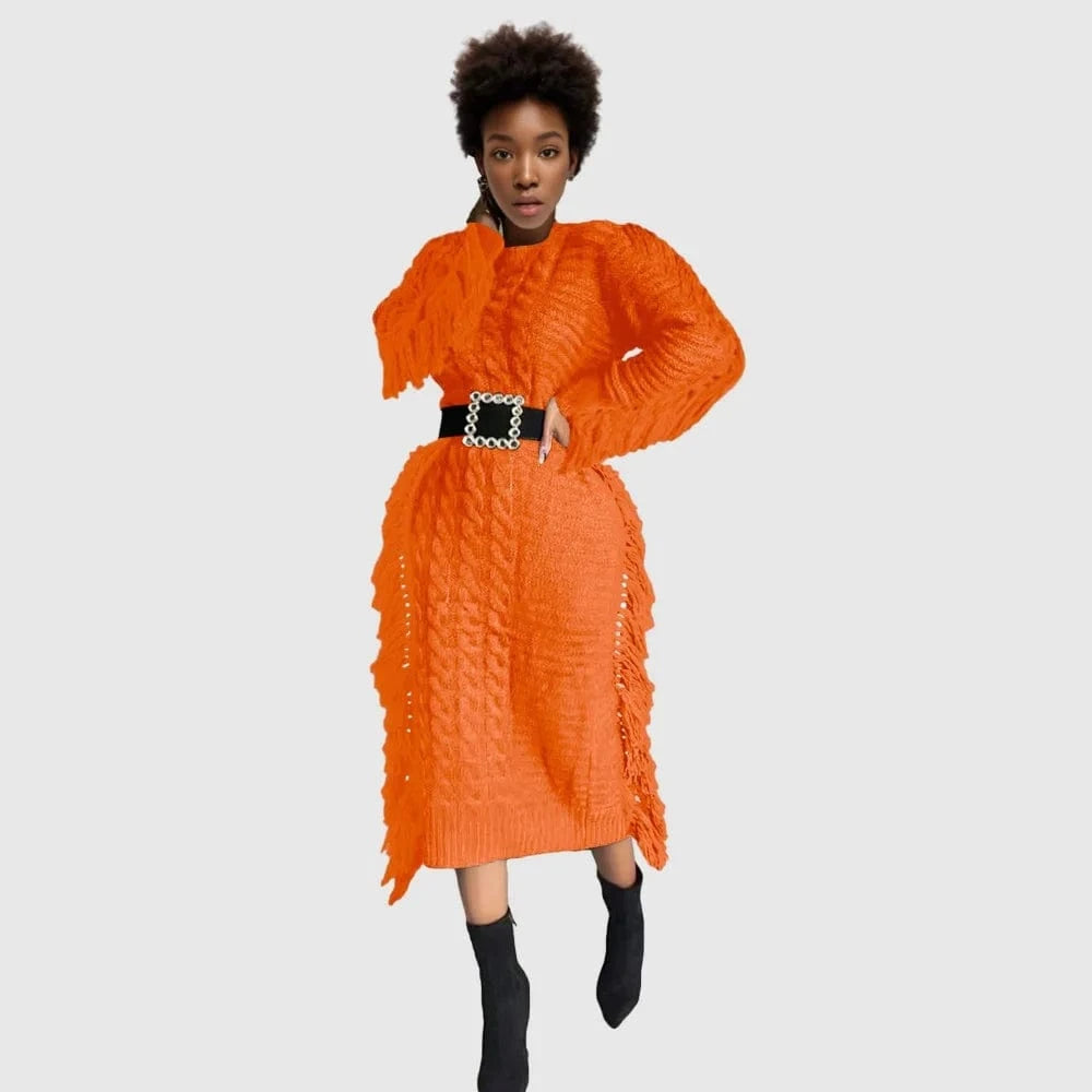D1211TA04  New Trendy Solid Color Long Sleeve Hollow Out  Knitted Tassel Sweater Women Dress Sehe Fashion