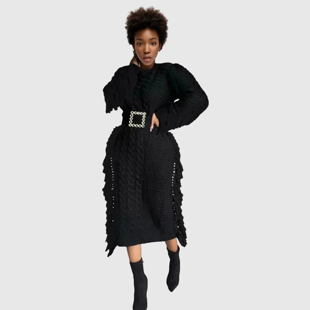 D1211TA04  New Trendy Solid Color Long Sleeve Hollow Out  Knitted Tassel Sweater Women Dress Sehe Fashion