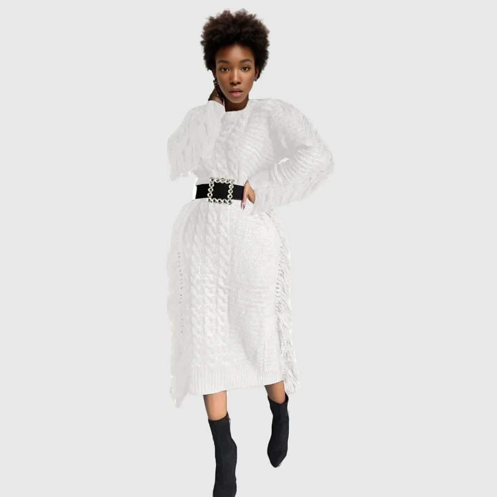 D1211TA04  New Trendy Solid Color Long Sleeve Hollow Out  Knitted Tassel Sweater Women Dress Sehe Fashion