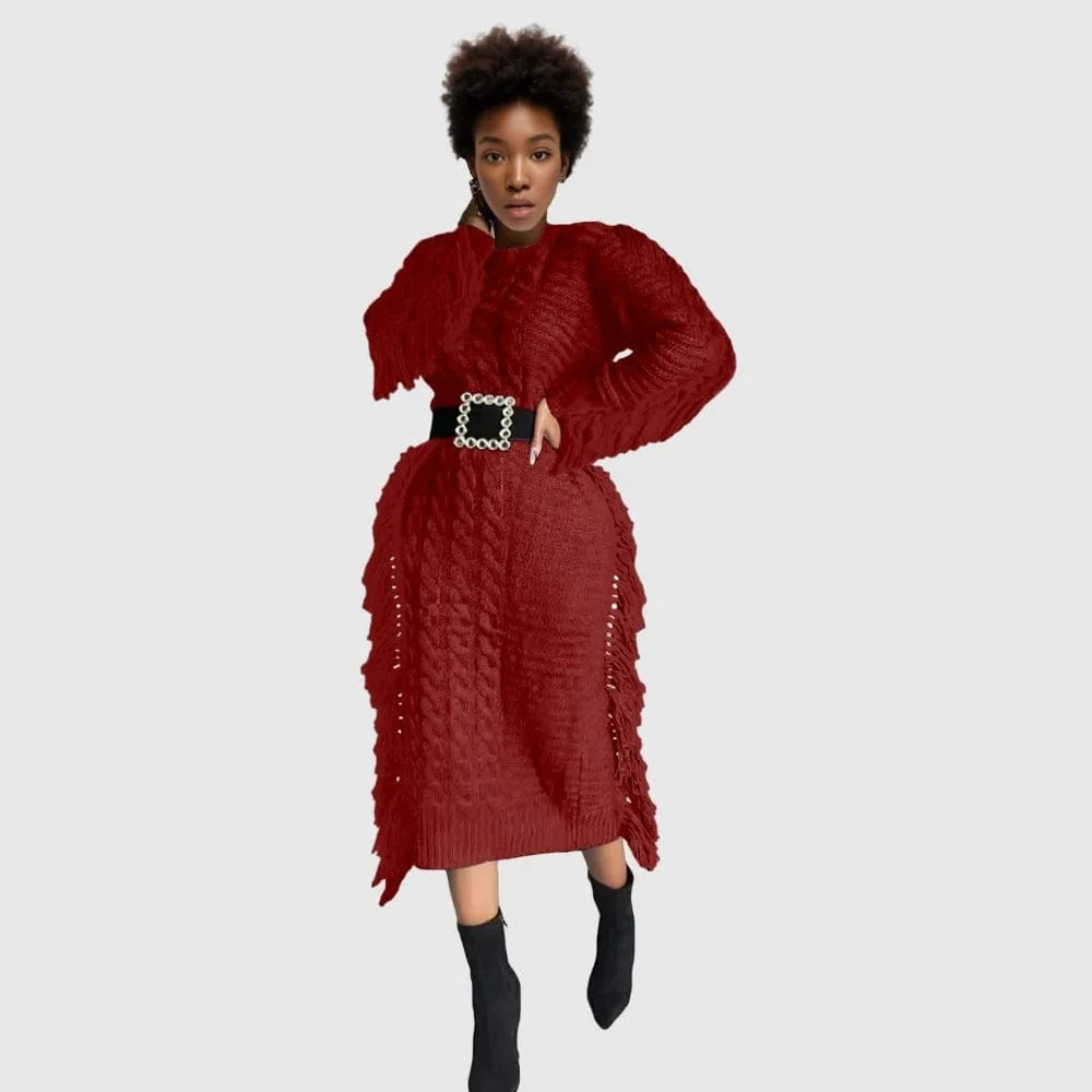 D1211TA04  New Trendy Solid Color Long Sleeve Hollow Out  Knitted Tassel Sweater Women Dress Sehe Fashion