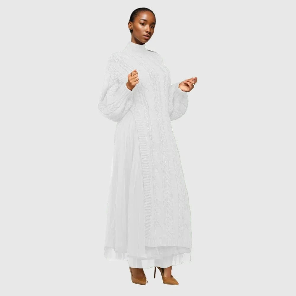 D1211TA05 New Trendy Solid Color Long Sleeve Casual Turtleneck Mesh Knit Dress Sehe Fashion