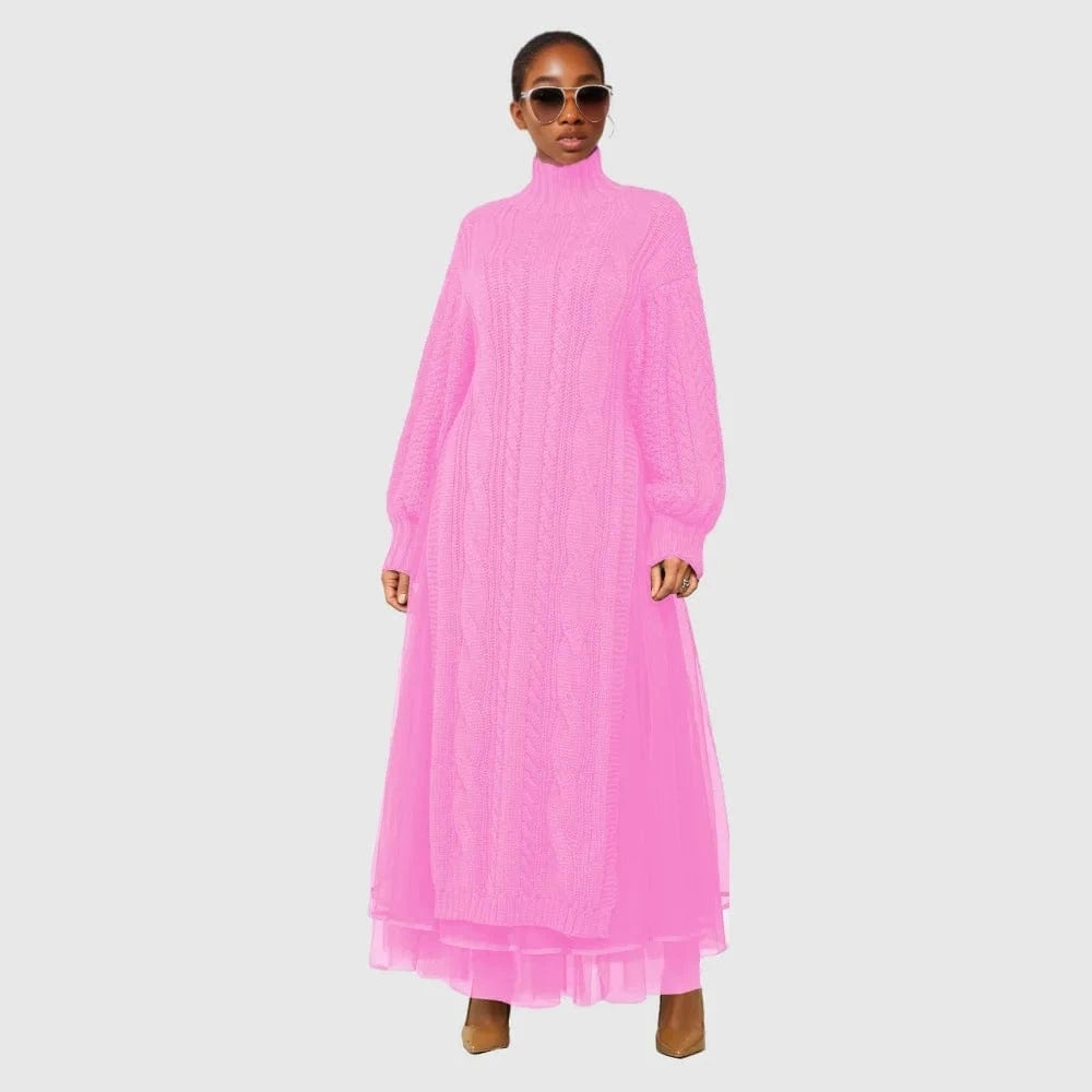 D1211TA05 New Trendy Solid Color Long Sleeve Casual Turtleneck Mesh Knit Dress Sehe Fashion