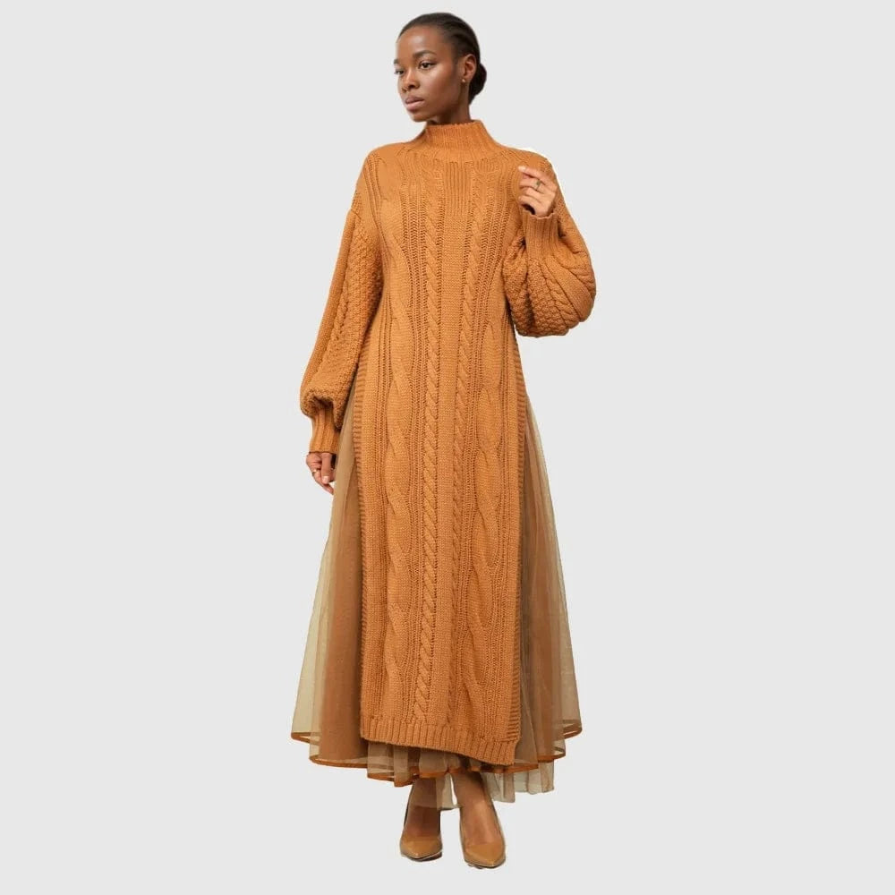 D1211TA05 New Trendy Solid Color Long Sleeve Casual Turtleneck Mesh Knit Dress Sehe Fashion