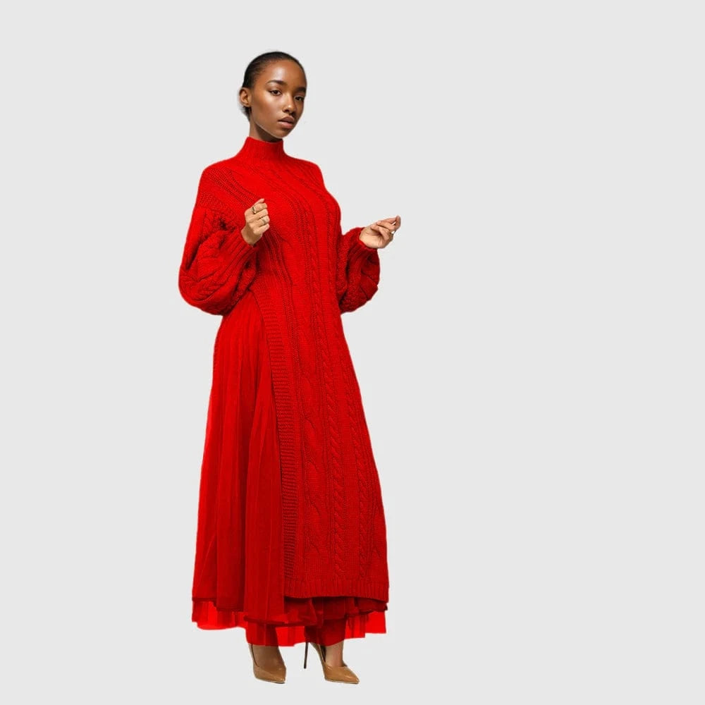 D1211TA05 New Trendy Solid Color Long Sleeve Casual Turtleneck Mesh Knit Dress Sehe Fashion