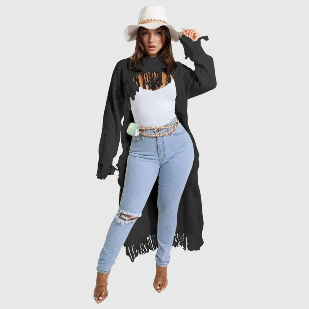 D1211TA07 Solid Color Long Sleeve Casual Hollow Out  Tassel Turtleneck Long Sweater Sehe Fashion