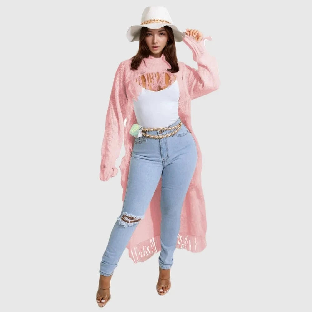 D1211TA07 Solid Color Long Sleeve Casual Hollow Out  Tassel Turtleneck Long Sweater Sehe Fashion