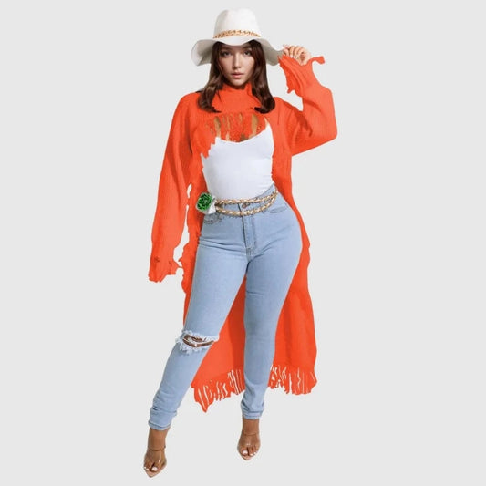 D1211TA07 Solid Color Long Sleeve Casual Hollow Out  Tassel Turtleneck Long Sweater Sehe Fashion