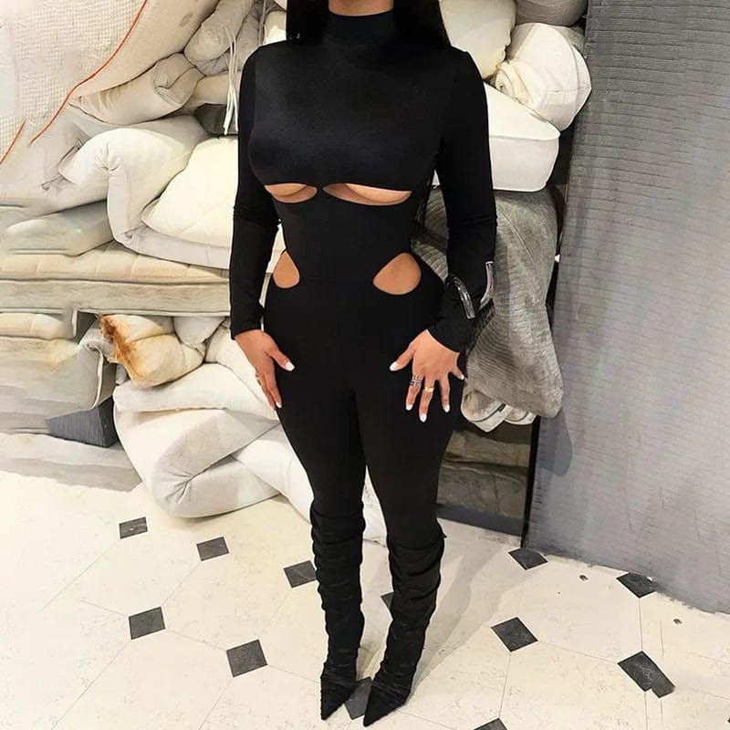 D23J  Hot Sexy Fashion Fall Winter Hollow Out Hole Bodycon Skinny Lady Women Jumpsuits Playsuits Women One Piece Jumpsuit
