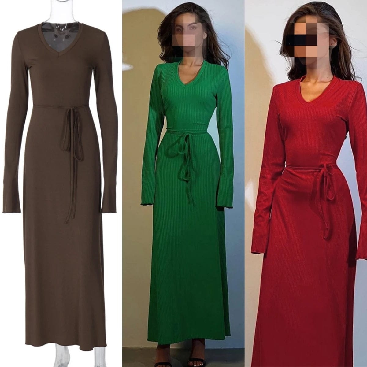 D3914310k Winter New Stylish Women's V-neck Dress Solid Color Lace-up Long-sleeved Maxi Dress Bodycon Party Dress Women