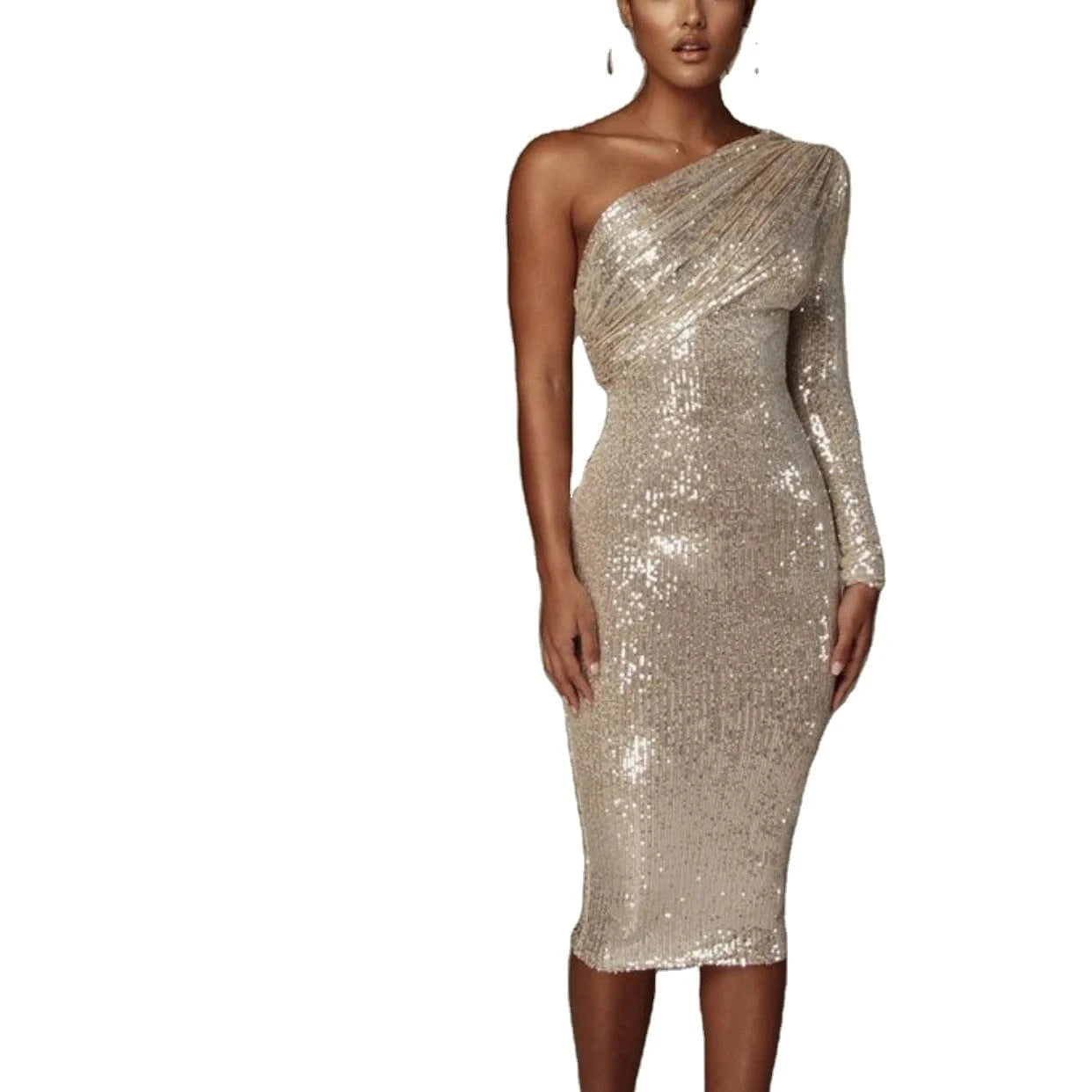 D8130#New Women's nightclub sexy one-shouldered  long-sleeved sequins perspective slim dress evening dress