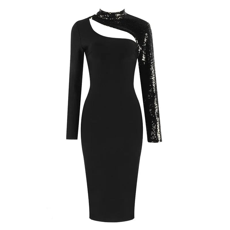 D8199  ladies Sexy one shouldered long sleeved sequin hollowed fish scale bandage cocktail dress