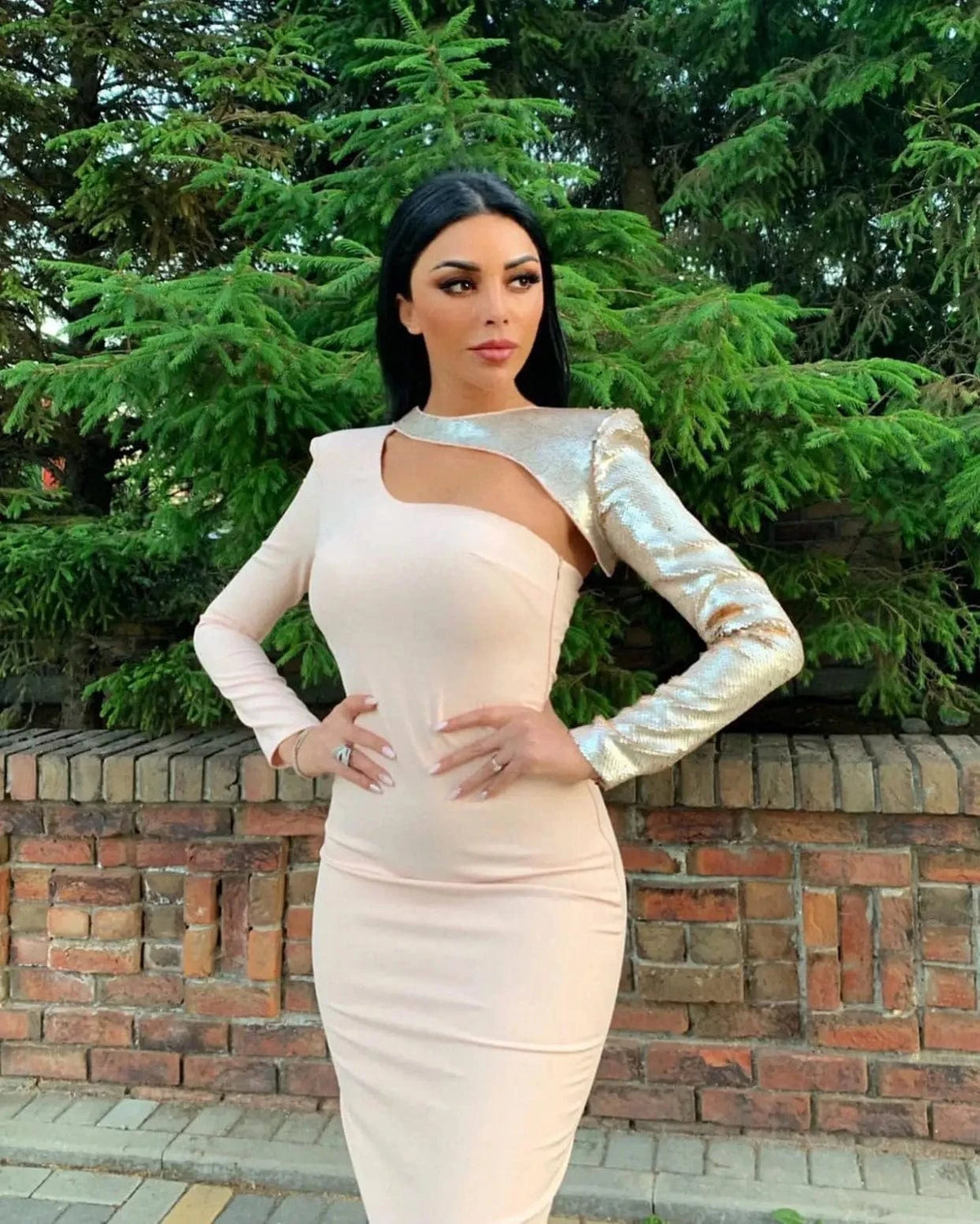 D8199  ladies Sexy one shouldered long sleeved sequin hollowed fish scale bandage cocktail dress
