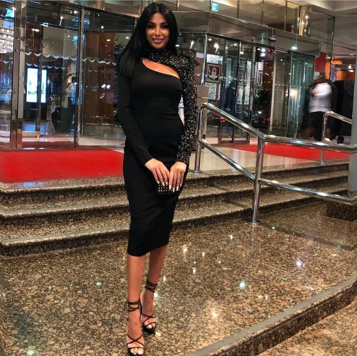 D8199  ladies Sexy one shouldered long sleeved sequin hollowed fish scale bandage cocktail dress